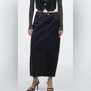 New Zara Studded Denim Black Skirt Size M